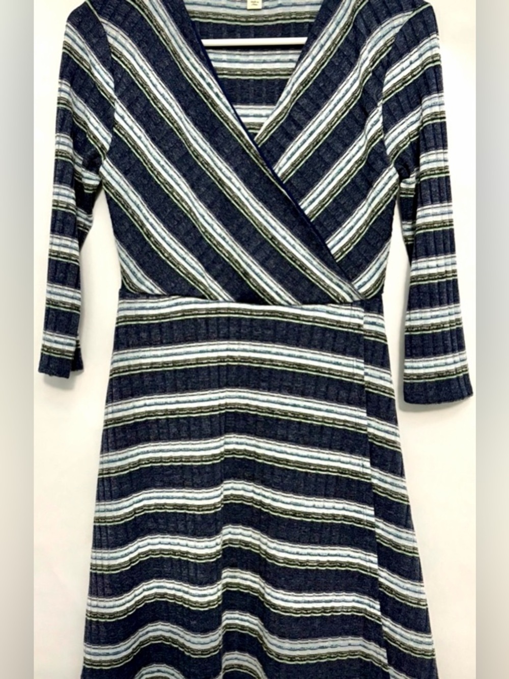 Francesca’s Mi Ami Navy, Light Blue & Olive Striped Wrap Dress. Size S